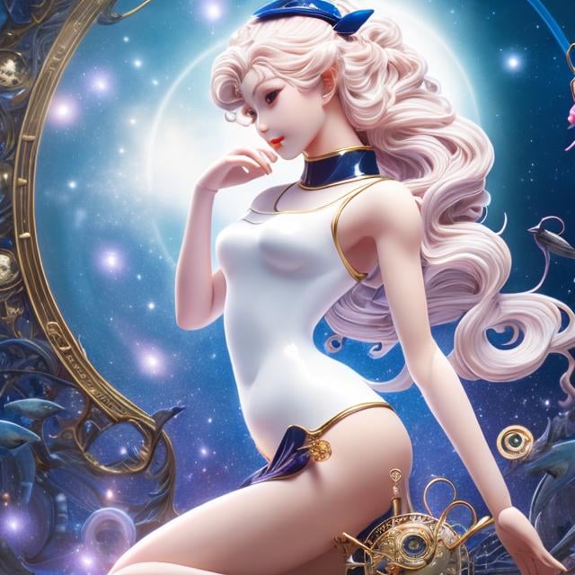 Prompt: Alexandre de Riquer, Naoko Takeuchi, Surreal, mysterious, strange, fantastical, fantasy, Sci-fi, Japanese anime, mechanical tarot, blonde miniskirt beautiful girl automaton Alice, perfect voluminous body, swimming clock, detailed masterpiece 