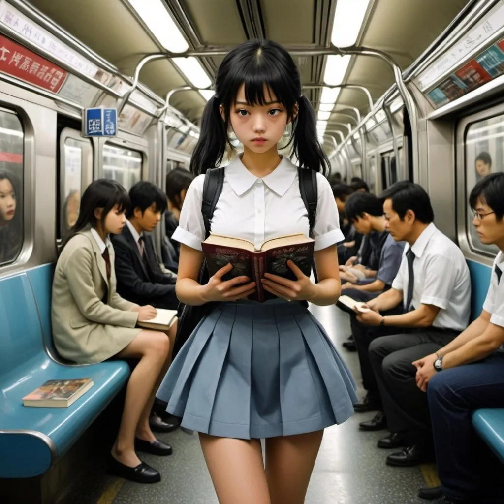 Prompt: Tetsuo Hara, Matt Fox, Surreal, mysterious, bizarre, fantastical, fantasy, sci-fi, Japanese anime A beautiful girl in a miniskirt holds a book that no one can read on the subway, The girl did not realize that she had stepped into the labyrinth of the story, Alice on the subway, perfect voluminous body, Tealess Tea Party, Anatomical Psychology Laboratory, The Story of an Endless Labyrinth City, detailed masterpiece 