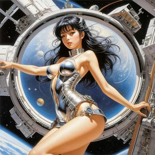 Prompt: Hajime Sorayama, Naoyuki Kato, tatsuyuki tanaka, Masamune Shirow, Josh Kirby, Surrealism, strange, bizarre, fantastical, fantasy, Sci-fi, Japanese anime, Creation map, Go cosmology, miniskirt beautiful girl assembling an optical model space station, perfect voluminous body, detailed masterpiece 