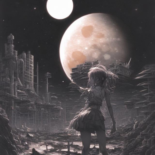 Prompt: Shigeru Tamura, Hiroshi Masumura, Surreal, mysterious, strange, fantastical, fantasy, Sci-fi, Japanese anime, dismantled drawings of the moon, reconstructing solar system, miniskirt beautiful girl designer, perfect voluminous body, detailed masterpiece depth of field cinematic lighting 