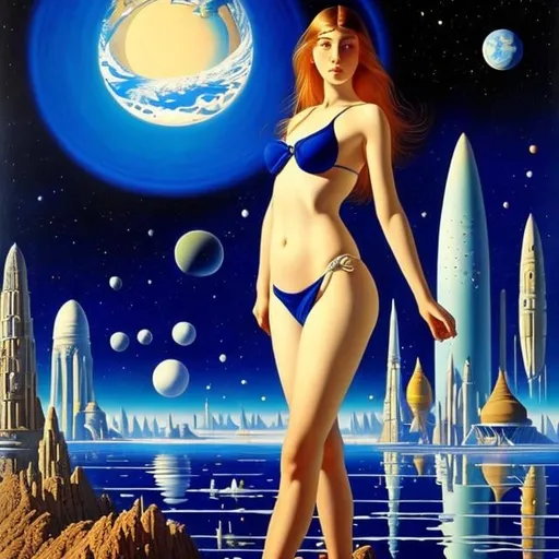 Prompt: Boris Kustodiev, Jean Giraud, Surreal, mysterious, strange, fantastic, fantasy, Sci-fi, Japanese anime, the blue planet Earth floating in the sea of ​​galaxies, humanity departing, miniskirt beautiful girl, perfect voluminous body, detailed masterpiece 