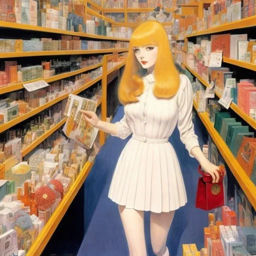 Prompt: James Ensor, Posy Simmonds, Surreal, mysterious, strange, fantastic, fantasy, Sci-fi, Japanese anime, cataloging the world, semiotics, the universe is one giant department store, beautiful blonde miniskirt girl Alice enjoying shopping, perfect voluminous body, detailed masterpiece 