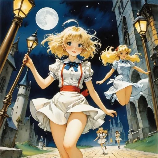 Prompt: Arthur Rackham, Mabel Attwell, Maurice Sendak, Keiko Takemiya l, Yuu Watase, Surrealism Mysterious Weird Fantastic Fantasy Sci-fi, Japanese Anime Schrödinger's Post, Fun Bremen's Blonde Miniskirt blonde Girl Alice having fun, perfect voluminous body, detailed masterpiece 