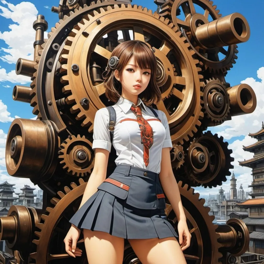 Prompt: Kuniyoshi Uetake, Julia Gukova, Surreal, mysterious, strange, Japanese anime, symbols of urban design and machinery, gears, mechanical parts, miniskirt beautiful modern girl, perfect voluminous body, detailed masterpiece 