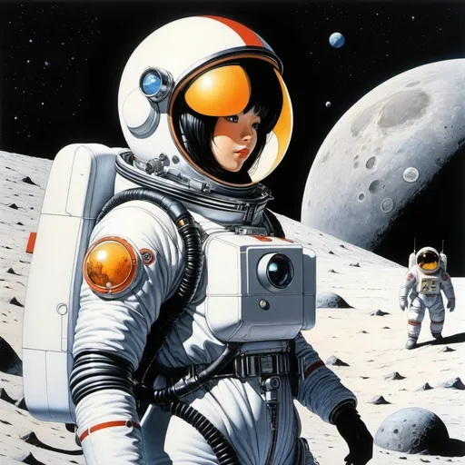 Prompt: Katsuhiro Otomo, Jim Burns, Surreal, mysterious, strange, fantastical, fantasy, sci-fi, Japanese anime, penguin in a spacesuit on the moon, beautiful girl in a mechanical suit, perfect voluminous body, aiming for Mars next, detailed masterpiece 