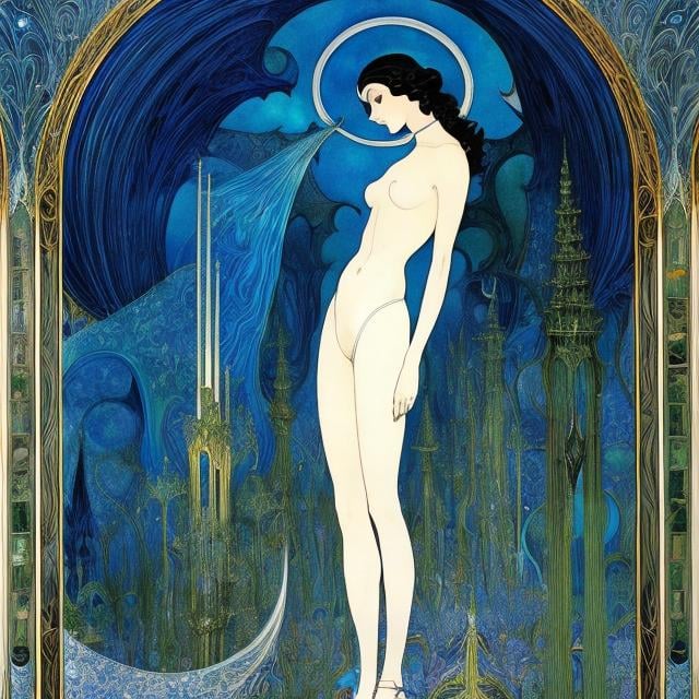 Prompt: Kay Nielsen, Harry Clarke, Mysterious, bizarre, surreal, bizarre, fantasy, Sci-fi, Japanese anime, perspective of a limestone cave, blueprint of Caprice, beautiful girl, perfect voluminous body, detailed masterpiece 