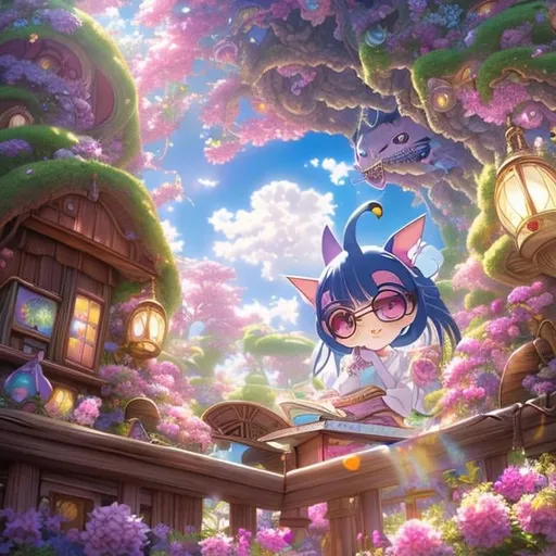 Prompt: Hayao Miyazaki Anime　surreal　wondrous　strange　Whimsical　fanciful　Sci-Fi Fantasy　Girl Alice　Study room at home　Door opens and the Cheshire Cat peeks in Hyper detailed high resolution high quality high definition masterpiece