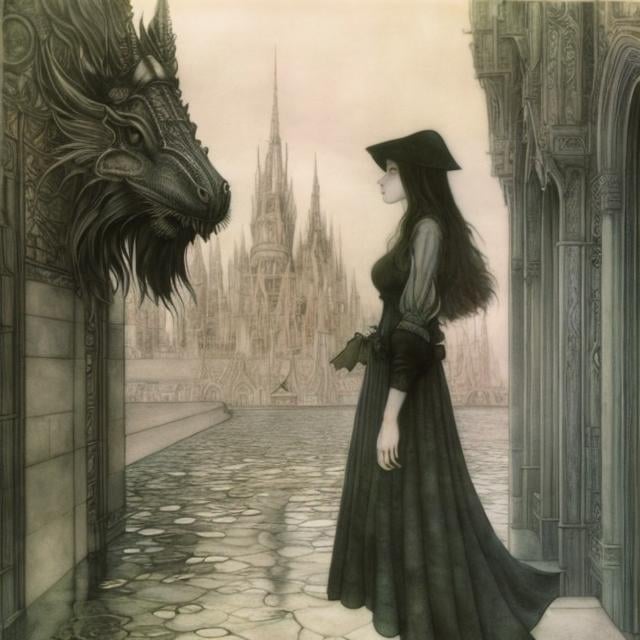 Prompt: Arthur Rackham, Leonora Carrington, Surreal, mysterious, strange, fantastical, fantasy, Sci-fi, Japanese anime, architecture in paintings, blueprints, meta world, beautiful high school girl in miniskirt, detailed masterpiece, 