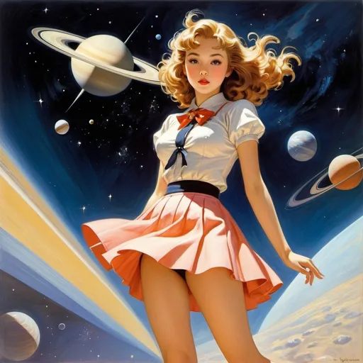 Prompt: Yufushi, Andrew Loomis, Surreal, mysterious, strange, fantastical, fantasy, Sci-fi, Japanese anime, musical cosmology, the mental image of a beautiful girl in a miniskirt is fluttering around Saturn's path, perfect voluminous body, detailed masterpiece 