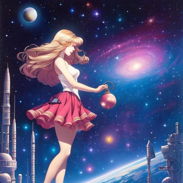 Prompt: Thomas Crane, Wally Wood, Surreal, mysterious, strange, fantastical, fantasy, Sci-fi, Japanese anime, New Year's Eve, beautiful blonde miniskirt girl Alice ringing the New Year's Eve bell, perfect voluminous body, galaxy and aurora in the night sky, space station, detailed masterpiece 