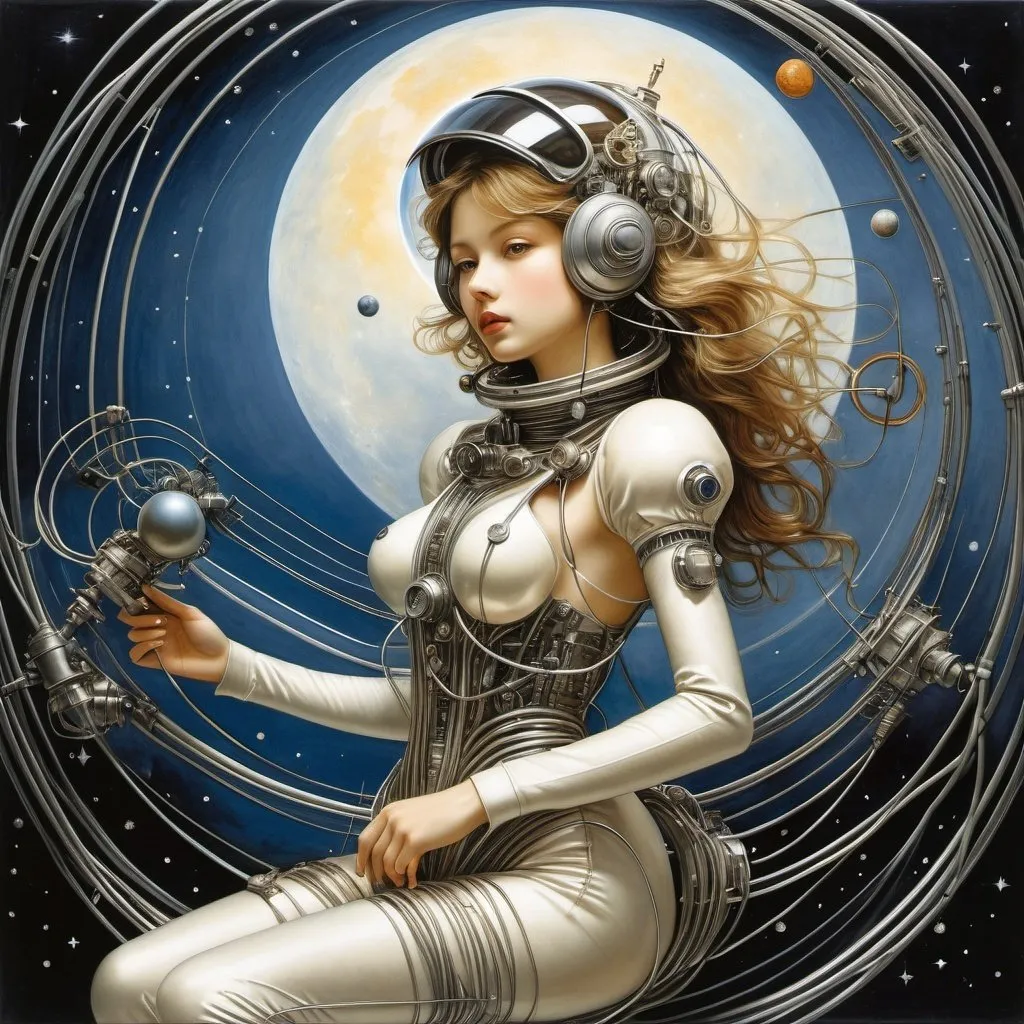 Prompt: Antonio Lupatelli, Arthur Rackham,Jan Marcin Szancer, Rie Cramer, Henriette Willebeek le Mair, Surrealism, mysterious, bizarre, fantastical, fantasy, Sci-fi, Japanese anime, perpetual motion machine made of wire, lunar propulsion engine, beautiful girl in a space suit, perfect voluminous body, connecting the solar system, detailed masterpiece 