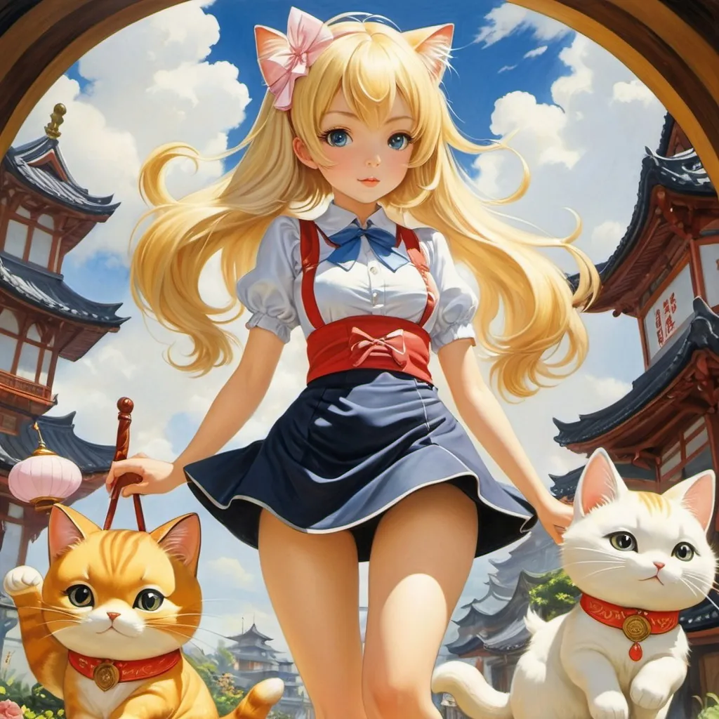 Prompt: Anatol Petrytsky, Anne Anderson, Lev Tokmakov, Margaret Tarrant, Yu Watase, Surrealism, Mysterious, Strange, Outlandish, Fantasy, Sci-fi, Japanese Anime, Maneki Neko and Alice, a beautiful blonde miniskirt girl, perfect voluminous body, Crossroads of Fate, Where is the Tea Party?, detailed masterpiece 