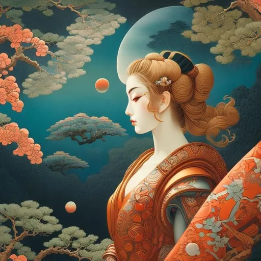 Prompt: Ukiyo-e style M C Escher, anime surreal mysterious strange bizarre fantasy sci-fi fantasy space cricket space suit beautiful girl detailed, high resolution definition quality masterpiece vibrant colors, girl, masterpiece, sharp focus, best quality, depth of field, cinematic lighting ,