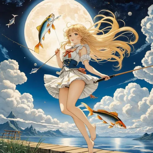 Prompt: Walter Crane, Naohisa Inoue, Surreal, mysterious, strange, fantastical, fantasy, sci-fi, Japanese anime, Between sunset and moonrise, catching fish from the clouds, Mathematics is the language of the universe, blonde miniskirt beautiful girl Alice, perfect voluminous body, detailed masterpiece low high angles 