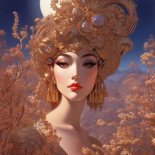 Prompt: Ilene Meyer, Erte, Surreal, mysterious, strange, fantastical, fantasy, Sci-fi, Japanese anime, Aufheben, beautiful girls in miniskirts climbing the hierarchical universe, perfect voluminous body, creation and madness, hyper detailed masterpiece depth of field cinematic lighting 
