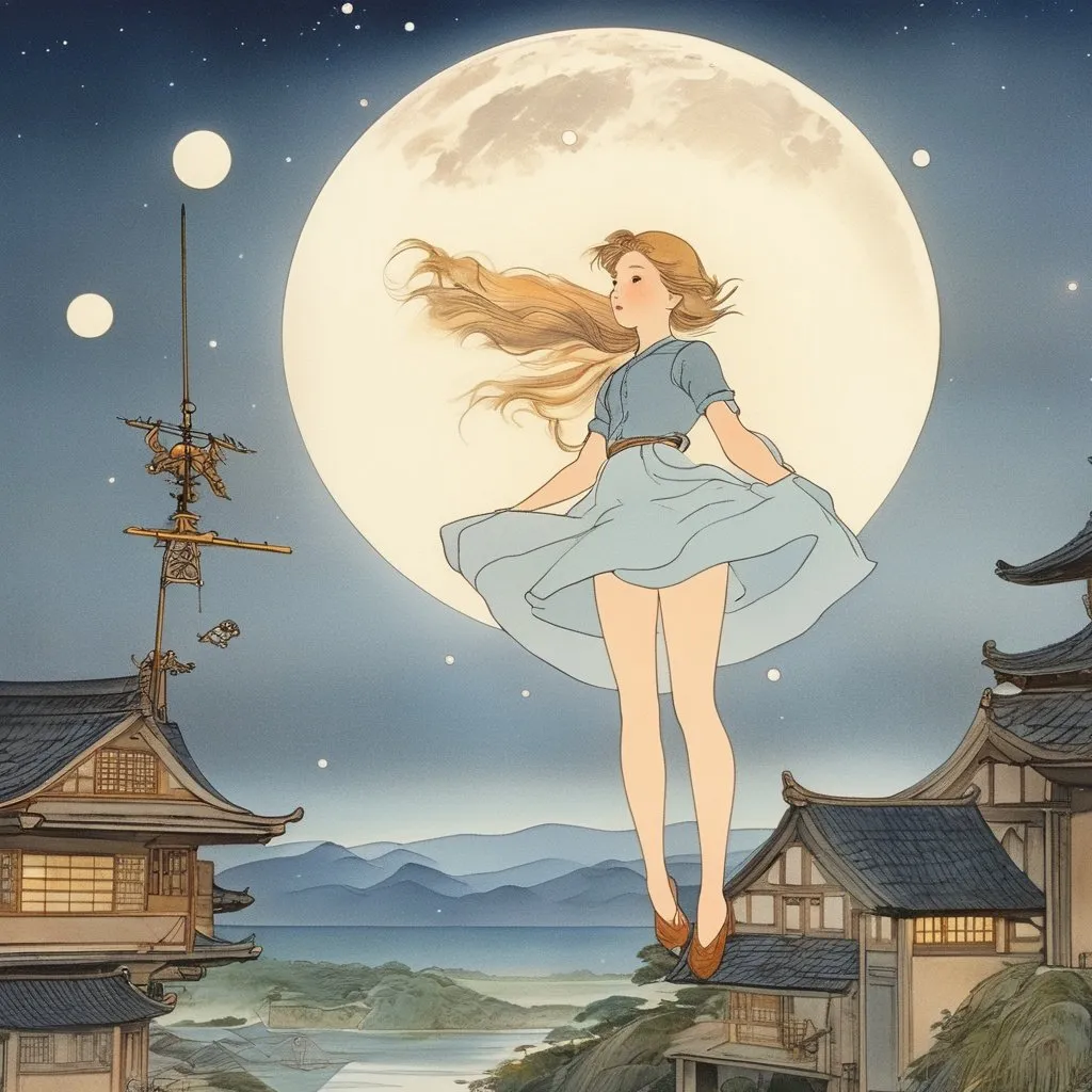 Prompt: shotaro honda, Elsa Beskow, Surreal, mysterious, strange, fantastical, fantasy, Sci-fi, Japanese anime, physical mathematics that creates the world, full moon sinking in the basement, beautiful Japanese girl with wagara miniskirt, perfect voluminous body, weather vane, detailed masterpiece 