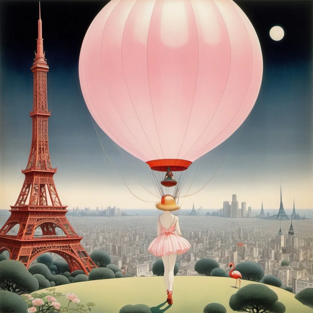 Prompt: Kay Nielsen, Maurice Sendak, Satomi Ichikawa, Tom Seidmann Freud, Felicitas Kuhn, Surrealism, wonder, strange, bizarre, fantasy, Sci-fi, Japanese anime, Physalis balloon, bucket hermit crab, upside down Tokyo Tower, pink flamingo standing on one leg, miniskirt beautiful high school girl sleeping on the ground, perfect voluminous body, detailed masterpiece 