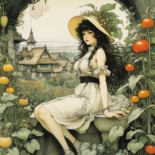 Prompt: Arthur Rackham, Junaida, Heath Robinson, Baron Yoshimoto, Randolph Schwabe, Surrealism Mysterious Weird Fantastic Fantasy Sci-Fi, Japanese Anime, Corn Miniskirt Maiden or Seven Nightmares, Vegetable Garden Cafe, perfect voluminous body, detailed masterpiece 