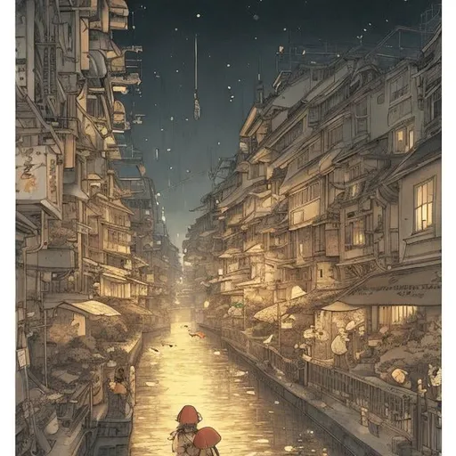 Prompt: Kate Greenaway, Anton Pieck, Katsuhiro Otomo style, city scape, night, goldfish swimming in the air, detailed, manga lines, high school girl take a walk detailed resolution definition high quality masterpiece 