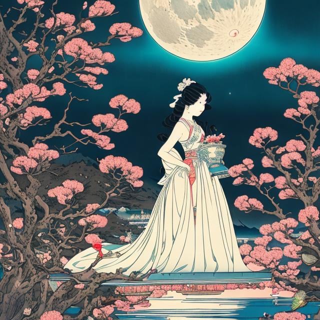 Prompt: Ukiyoe, Charles Doyle, Kate Greenaway, Japanese anime, surreal fantasy, strange, bizarre, sci-fi fantasy, moonlight Alice, bowed moon, tea party on the moon, elevator to the moon, moonlight gate, laurel, hyperdetailed high definition high resolution high quality masterpiece 