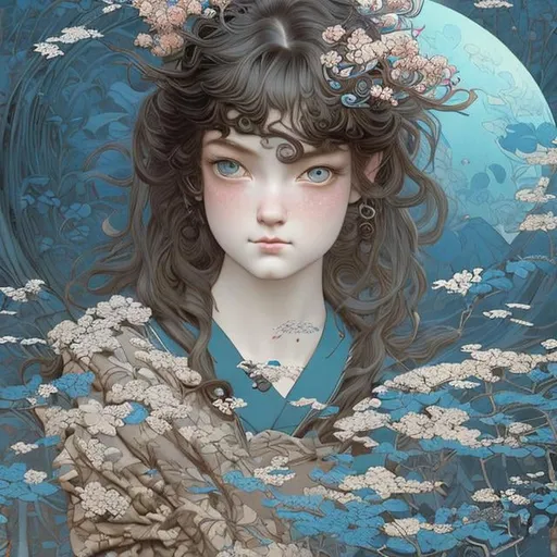 Prompt: Ukiyo-e style　Christian Riese Lassen, Charles Robinson, Eleanor Fortescue-Brickdale, surreal　fanciful　wondrous　strange　Whimsical　Sci-Fi Fantasy　hi-school girl　A dark-haired　Autumn leaves with short hair　Circular Theater　hour glass　blue-sky　Hyperdetailed high definition high resolution high quality masterpiece