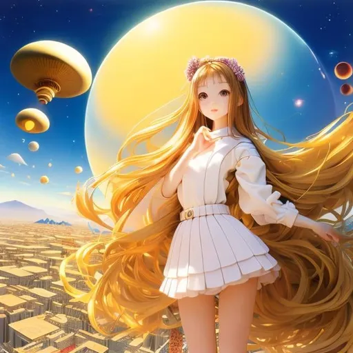 Prompt: Gyo Fujikawa, Lisa Yuskavage, Surreal, mysterious, bizarre, fantastical, fantasy, Sci-fi, Japanese anime, mathematics, harmony, geometry, cosmology, Lucas sequence, Plato's "metaphor of line segments", exponential function and spiral, golden ratio of a beautiful girl in a miniskirt, perfect voluminous body, detailed masterpiece 