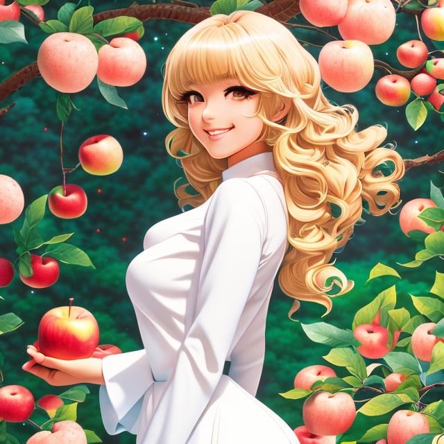 Prompt: Sydney Sime, Japanese anime, Katsuhiro Otomo, manga lines, Eve, solo girl, blonde hair innocent young looking beautiful face, perfect body tight dress, smiling, under apple Tree, holding an apple, huge snake, hyperdetailed, realistic, high resolution, high quality, high definition, masterpiece 