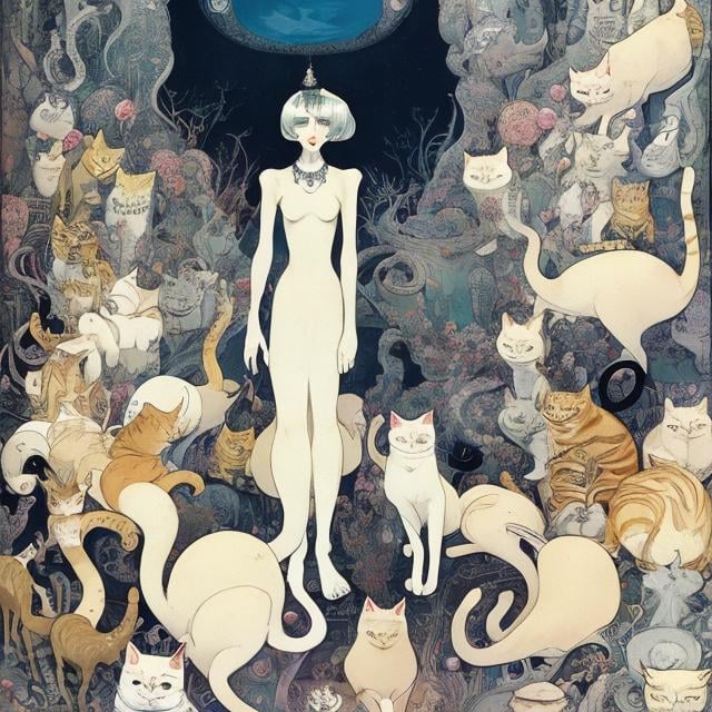 Prompt: Kay Nielsen, Mabel Attwell, Mysterious, strange, surreal, bizarre, fantasy, sci-fi, Japanese anime, a town of cats walking on two legs, Alice a blonde miniskirt beautiful girl, perfect voluminous body, gets an audience with the cat king of the town, detailed masterpiece 