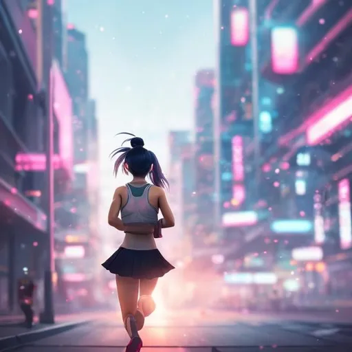 Prompt: Anato Finnstark, Yoshiko Nishitani, Surreal, mysterious, strange, fantastical, fantasy, Sci-fi, Japanese anime, futuristic city, beautiful Japanese girl running in the city early in the morning, gym clothes, bloomers, short hair, sweating, perfect body, the transparent light blue universe at sunrise, the faintly visible giant moon, far away flying boat floating in the sky, detailed masterpiece depth of field cinematic lighting 