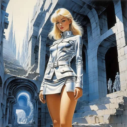 Prompt: Hajime Sorayama, Babette Cole, Lebbeus Wood, Fabrizio Clerici, Claude Parent, Surrealism Mysterious Weird Fantastic Fantasy Sci-fi, Japanese Anime, Underground Labyrinth, Blueprint,  Architectural Drawings, 3D Model, Miniskirt beautiful girl ruins architect, perfect voluminous body, detailed masterpiece 