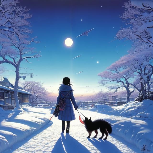 Prompt: Charles Folkard, Masamune Shirow, Surreal, mysterious, strange, fantastical, fantasy, Sci-fi, Japanese anime, winter dusk, snow flickering, urban landscape, beautiful girl taking a dog for a walk, perfect body, spaceship, detailed masterpiece perspectives vanishing points