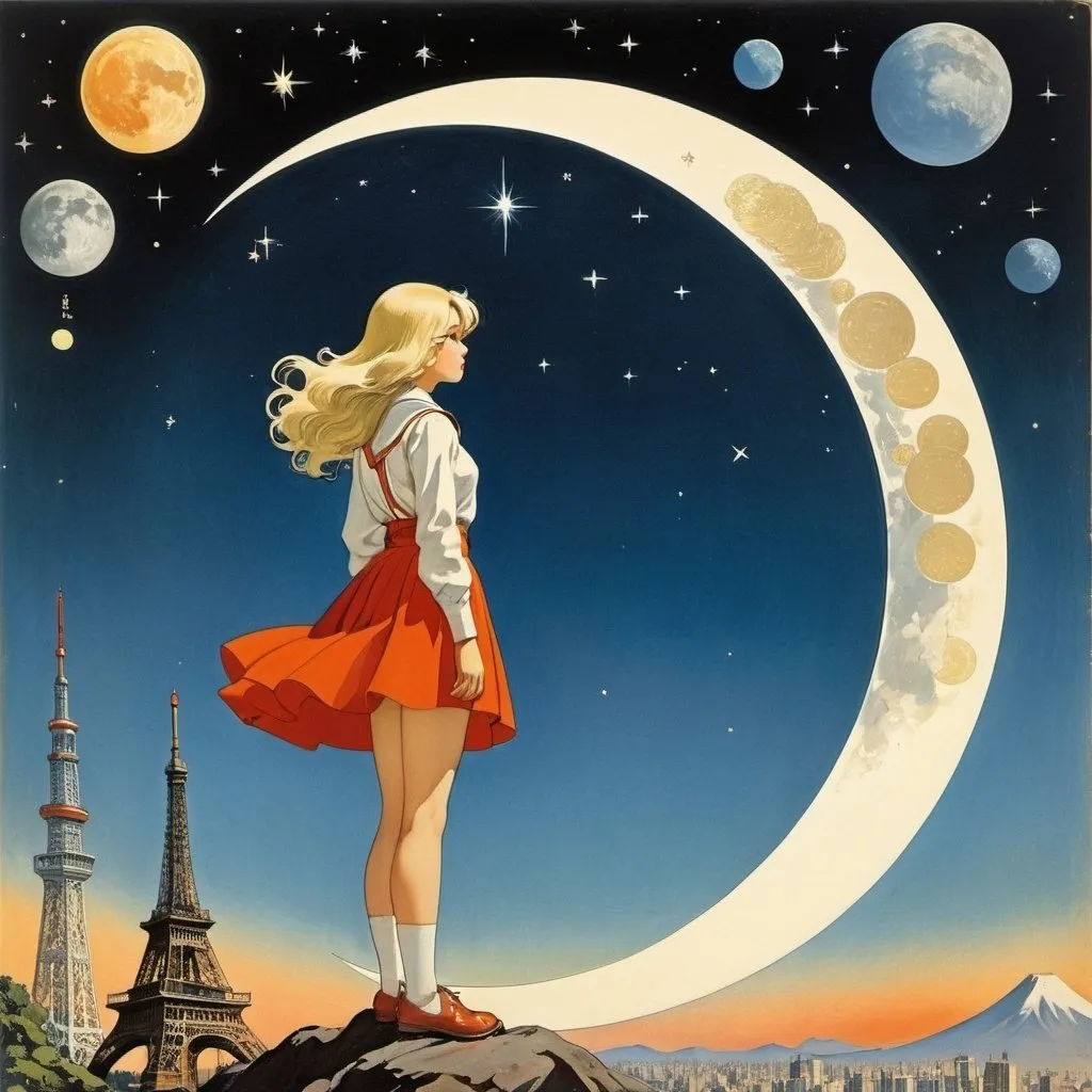 Prompt: Mabel Attwell, Peter Behrens, Max Ernst, Julius Klinger, Galileo Chini, Surrealism, wonder, strange, bizarre, fantasy, Sci-fi, Japanese anime, looking up at the stars, astrology and zodiac signs depicted in art, Tokyo's moon is east, sun is west, miniskirt beautiful high school girl, perfect voluminous body, detailed masterpiece 