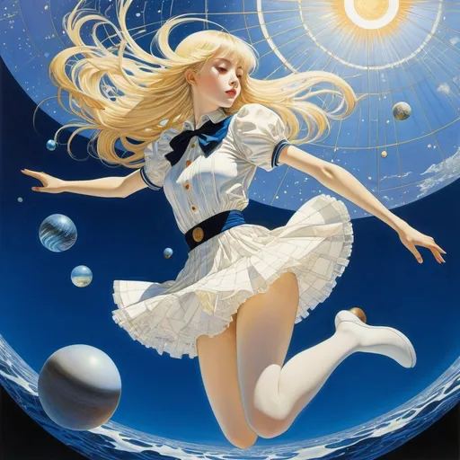 Prompt: Harry Clarke, Hajime Sorayama, Amelia Bauerle, Sheilah Beckett, Yuko Higuchi, Surrealism, wonder, strange, fantastical, fantasy, Sci-fi, Japanese anime, gravity and space-time geometry, equations, beautiful blonde miniskirt girl Alice floating in the ocean of gravity, perfect voluminous body, solar system, composition, design, detailed masterpiece angles perspectives