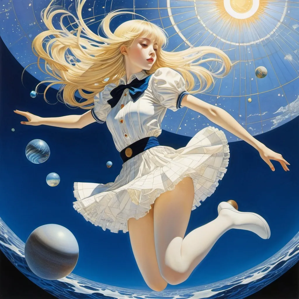 Prompt: Harry Clarke, Hajime Sorayama, Amelia Bauerle, Sheilah Beckett, Yuko Higuchi, Surrealism, wonder, strange, fantastical, fantasy, Sci-fi, Japanese anime, gravity and space-time geometry, equations, beautiful blonde miniskirt girl Alice floating in the ocean of gravity, perfect voluminous body, solar system, composition, design, detailed masterpiece angles perspectives