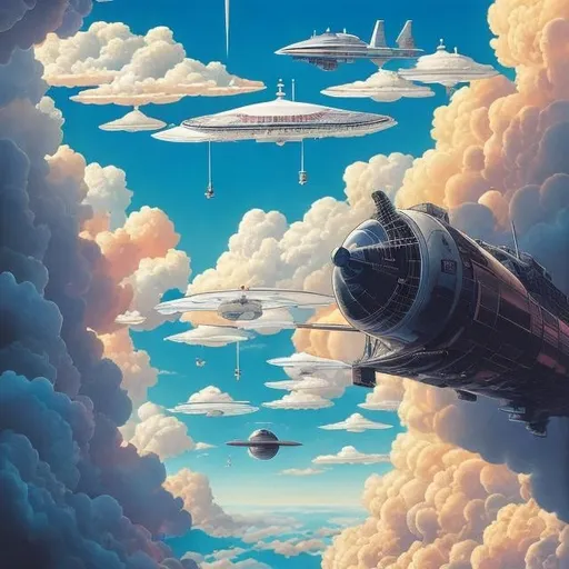 Prompt: Katsuhiro Otomo, Mabel Attwell, François Schuiten, surreal, mysterious, bizarre, fantastical, fantasy, sci-fi, Japanese anime, Tokyo sky full of spaceships, thunderclouds, girl looking up, bird's eye view, detailed masterpiece 