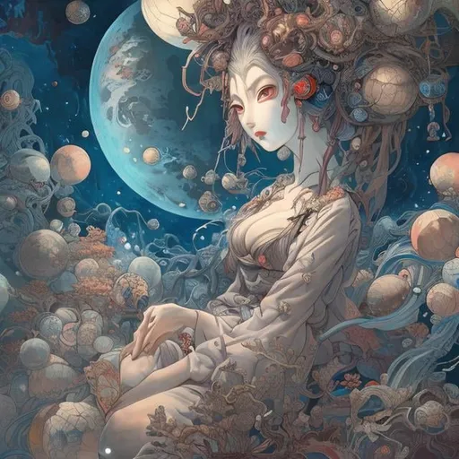 Prompt: Ukiyo-e style, Tony Sart, Margaret Tarrant Anime　surreal　absurderes　wondrous　strange　Whimsical　Sci-Fi Fantasy　Inside the theater　Floating Moon　a beauty girl Japanese anime, manga lines, hyperdetailed high quality high definition high resolution masterpiece 
