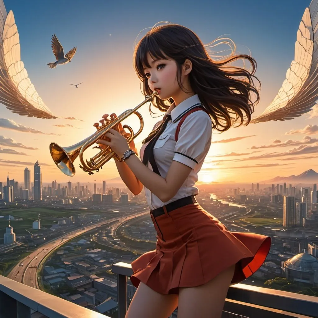 Prompt: Akira Yata, Roger Broders, Surreal, mysterious, strange, fantastical, fantasy, Sci-fi fantasy, anime, Tamagawa bank, beautiful girl in a miniskirt playing the trumpet, perfect voluminous body, sunset, spaceship, detailed masterpiece bird’s eye views