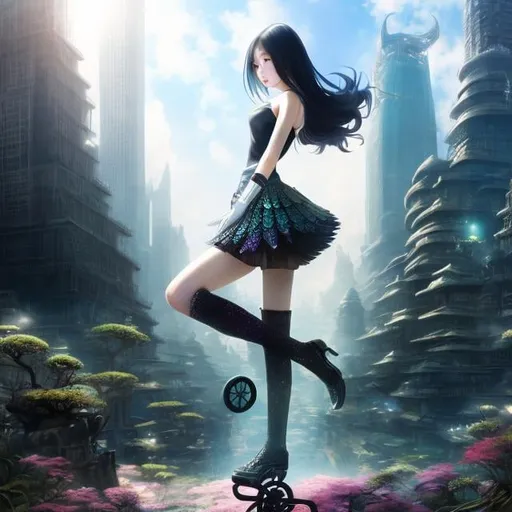 Prompt: Eliza Wheeler, Yoshitaka Amano, Surreal, mysterious, strange, fantastical, fantasy, Sci-fi, Japanese anime, miniskirt beautiful girl on a unicycle, perfect body, lost city, cracked diamond, detailed masterpiece 