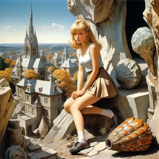 Prompt: MAX PLAISTED, François Zmurko, Hans Bellmer, Aquirax Uno, Stephen Youll, Surrealism, wonder, strange, bizarre, fantasy, Sci-fi, Japanese anime, city of mineralized fossils, petrified wood, cones, leaves, beautiful high school girl in a miniskirt digging up glass fossils, perfect voluminous body, detailed masterpiece 