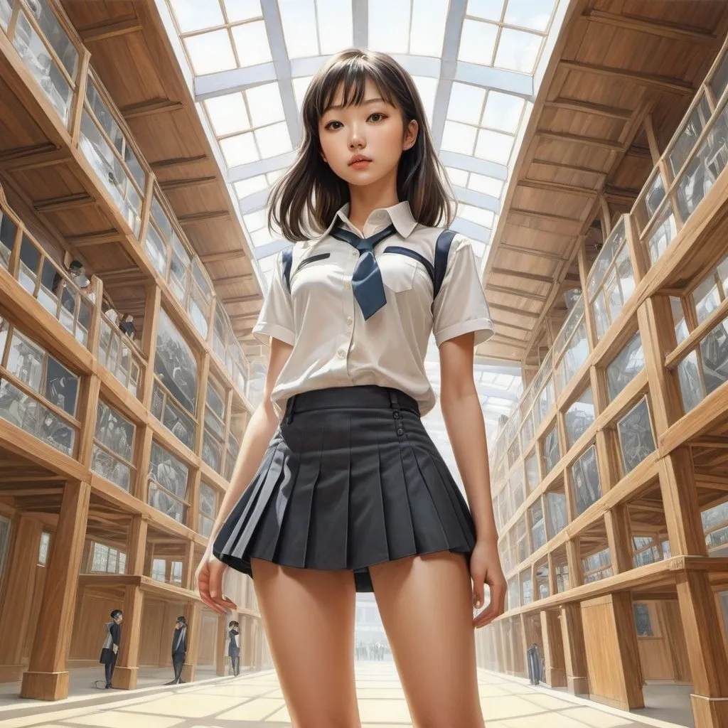 Prompt: Valery Slauk, Pavel Tatarnikaŭ, Mihona Fujii, Kaneyoshi Izumi, Surrealism, wonder, strange, bizarre, fantasy, Sci-fi, Japanese anime, multiple vanishing points and alterations, perspective, cross-section, perspective drawing, 3D zoo on paper, miniskirt beautiful high school girl who came to play, perfect voluminous body, detailed masterpiece dynamic 