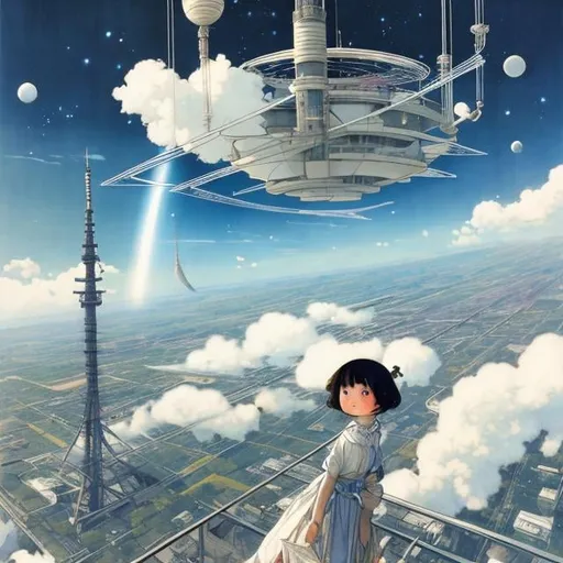Prompt: Kate Greenaway,  Jessie Willcox Smith, Heikala, Tokyo future scape, space elevator in background, blue sky with some clouds, Japanese high school girl, looking up, rainbow, beautiful face dark hair, hyper detailed, high resolution, high definition, high quality, masterpiece, Japanese anime, manga lines, realistic 
