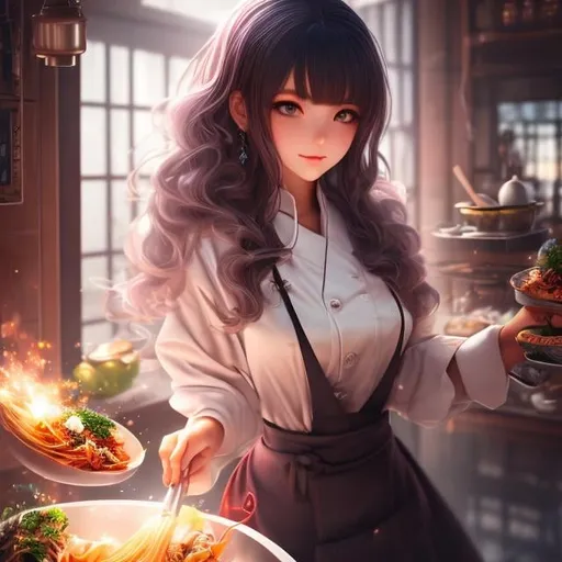 Prompt: Pamela Zagarenski, Surreal Mysterious Weird Fantastic Fantasy Sci-fi, Japanese Anime, Cooking is like magic, Delicious food makes you happy, Beautiful girl chef, hyper detailed masterpiece high resolution definition quality, depth of field, cinematic lighting 