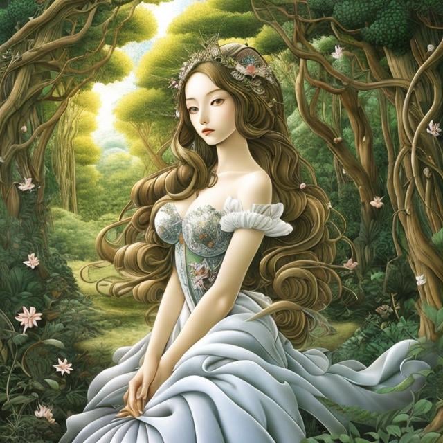 Prompt: Botticelli, Ken Sugimori, Surreal, mysterious, strange, fantastical, fantasy, Sci-fi, Japanese anime, wirework forest, beautiful girl walking, perfect voluminous body, detailed masterpiece 