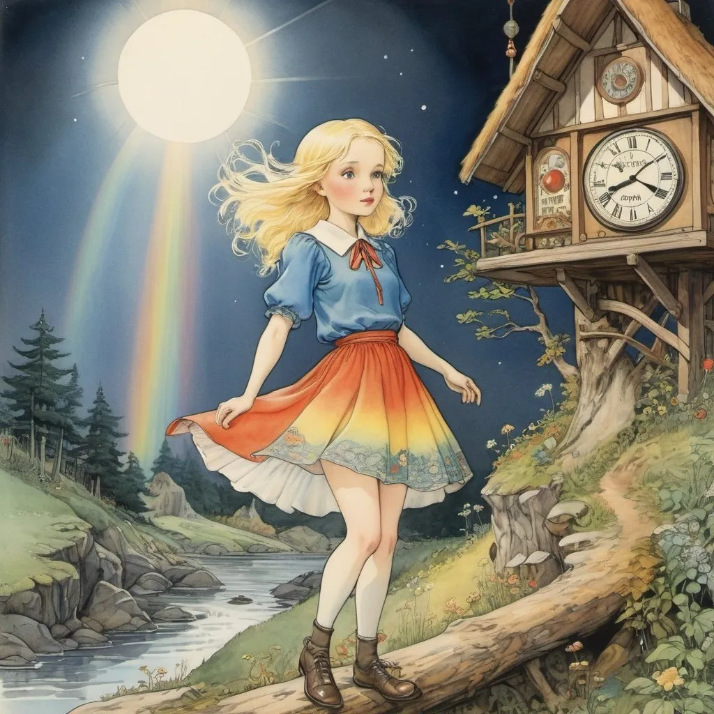 Prompt: Elsa Beskow, Heikala, Margaret Tarrant, Margaret Tempest, Anton Pieck, Surrealism Mysterious Weird Fantastic Fantasy Sci-Fi, Japanese Anime, Crossing the Midnight Rainbow Coming from the Beyond Cuckoo Clock, Alice the Blonde Miniskirt Beautiful Girl, perfect voluminous body, detailed masterpiece 