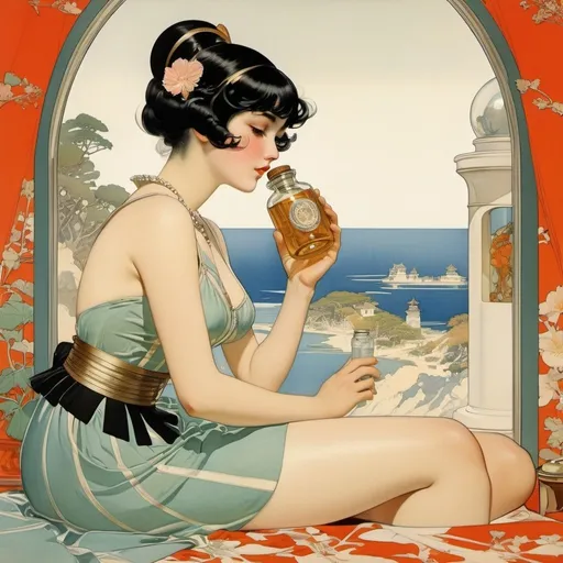 Prompt: Charles Folkard, Helen Jacobs, Henry Raleigh, Coles Phillips, Franco Brambilla, Surrealism, wonder, strange, bizarre, fantasy, Sci-fi, Japanese anime, kingdom in a glass bottle, a beautiful high school girl in a miniskirt who rests her chin on her chin and looks into the glass bottle, perfect voluminous body, detailed masterpiece 