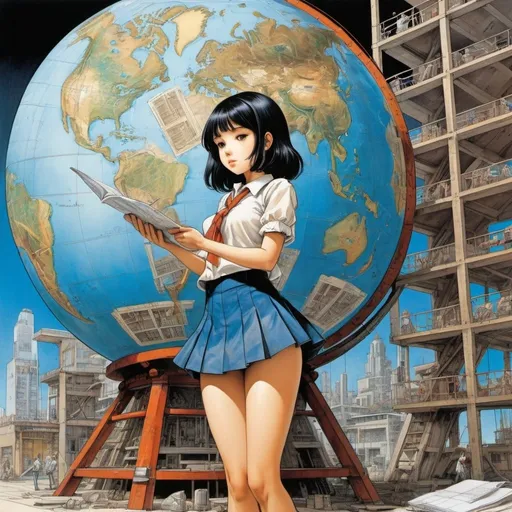 Prompt: Shigeru Tamura, Eduardo Arroyo, Alfonso Azpiri, Daniel Acuña, Panayiotis Kalorkoti, Surrealism Mysterious Weird Fantastic Fantasy Sci-Fi, Japanese Anime, Miniskirt Beautiful High School Girl Building a Giant Globe, Blueprints, perfect voluminous body, Cross-Section, detailed masterpiece angles low high perspectives drawings fine lines hand coloured