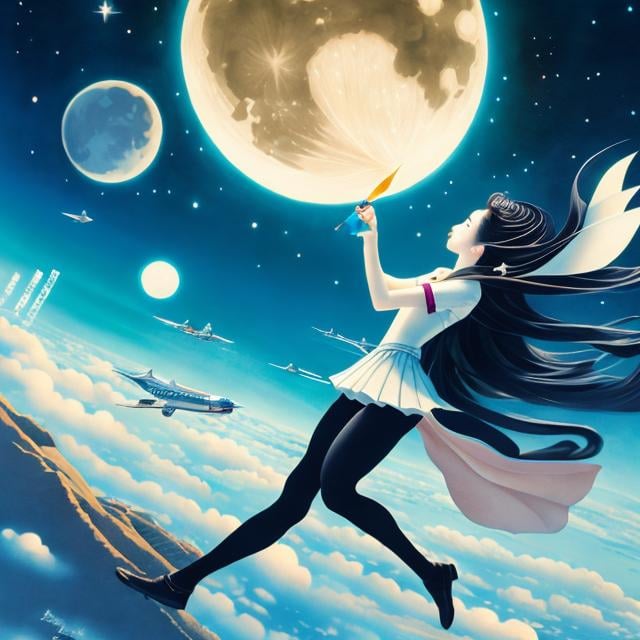 Prompt: Sean Loughrey, Nanase Ohkawa, Mysterious, strange, surreal, bizarre, fantasy, Sci-fi, Japanese anime, blueprint of the crescent moon, beautiful girl flying on a paper airplane, perfect voluminous body, detailed masterpiece 