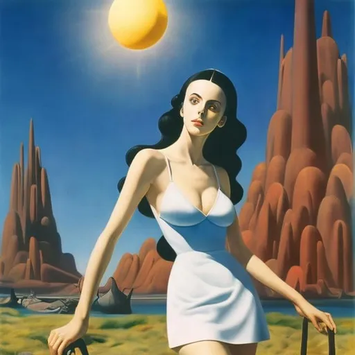 Prompt: Leonora Carrington, Wally Wood, Surreal, mysterious, strange, fantastical, fantasy, Sci-fi, Japanese anime, landscape of the four elements, beautiful girl in miniskirt, perfect voluminous body, detailed masterpiece 