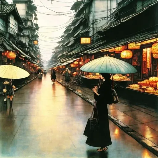 Prompt: Arthur Rackham, Shigeru Tamura, Surreal, mysterious, bizarre, fantastical, fantasy, Sci-fi, Japanese anime, sightseeing trip to Vietnam, beautiful high school girl in a miniskirt looking happy eating large Vietnamese noodles, perfect voluminous body, Hanoi cityscape, detailed masterpiece 