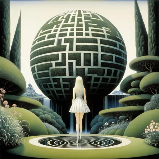 Prompt: Kay Nielsen, Henry Hintermeister, Surreal, mysterious, strange, fantastical, fantasy, Sci-fi,Japanese anime, miniature garden study, sphere and maze, three-dimensional world that spreads in two dimensions, miniskirt beautiful girl, perfect voluminous body, detailed masterpiece 